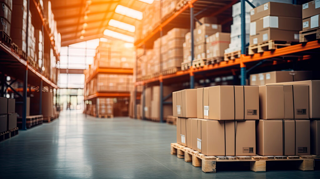 Entrepôt de stockage rempli d'étagères avec des marchandises en cartons, avec palettes et chariots élévateurs.